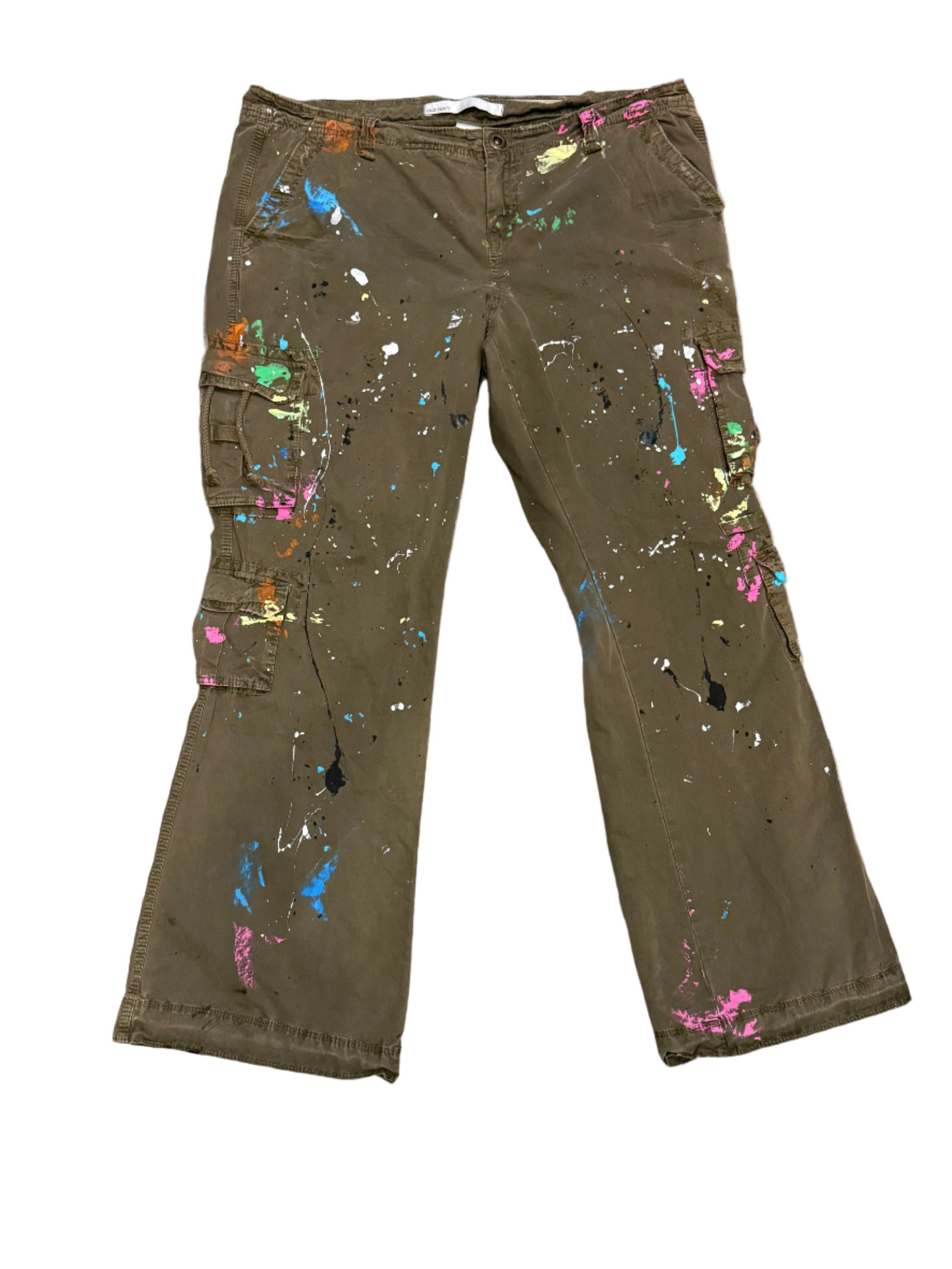 Army green pants with colorful paint splashes