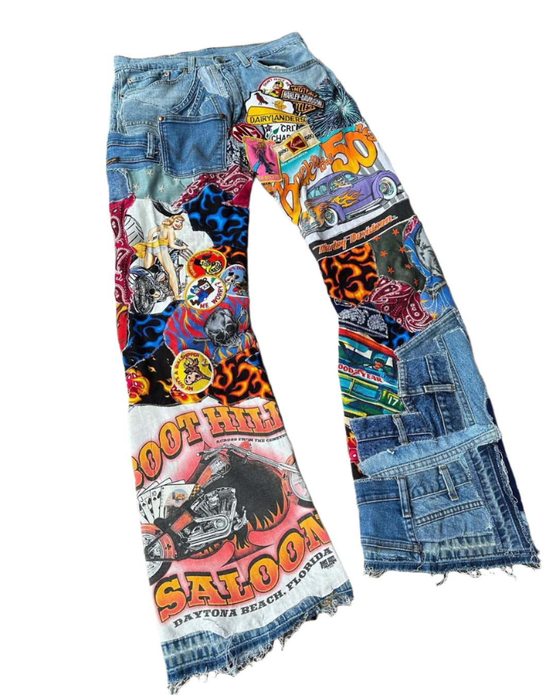 Patchwork denim jeans with colorful patches 