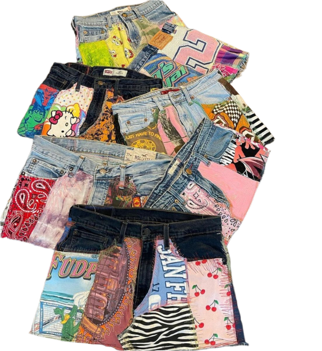 Collection of colorful patchwork denim skirts 