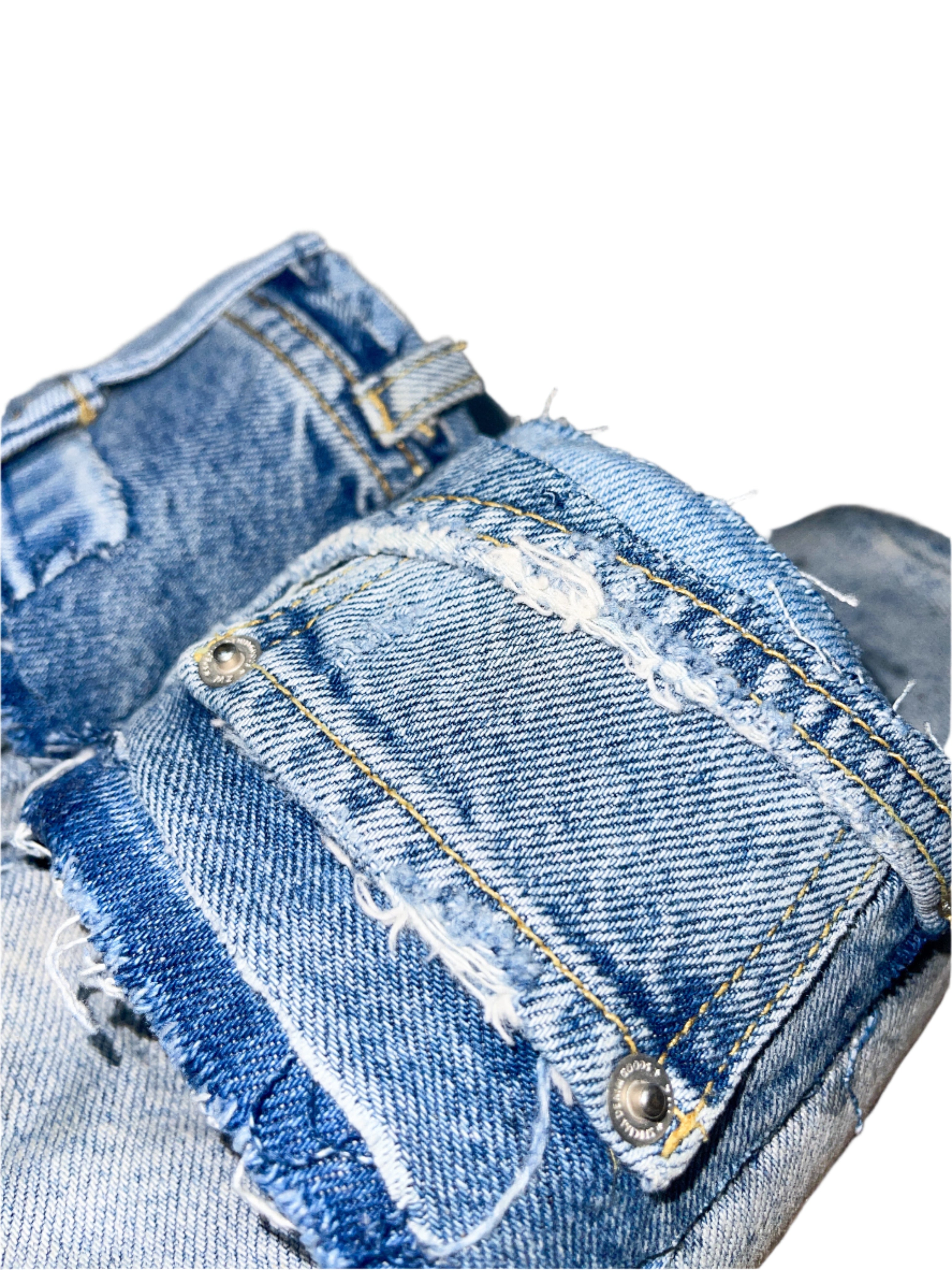 Handcrafted upcycled denim slides made from repurposed vintage jeans, featuring functional pockets, frayed edges, and visible stitching. One-of-a-kind sustainable footwear by Creative Drip, blending streetwear and eco-conscious fashion.