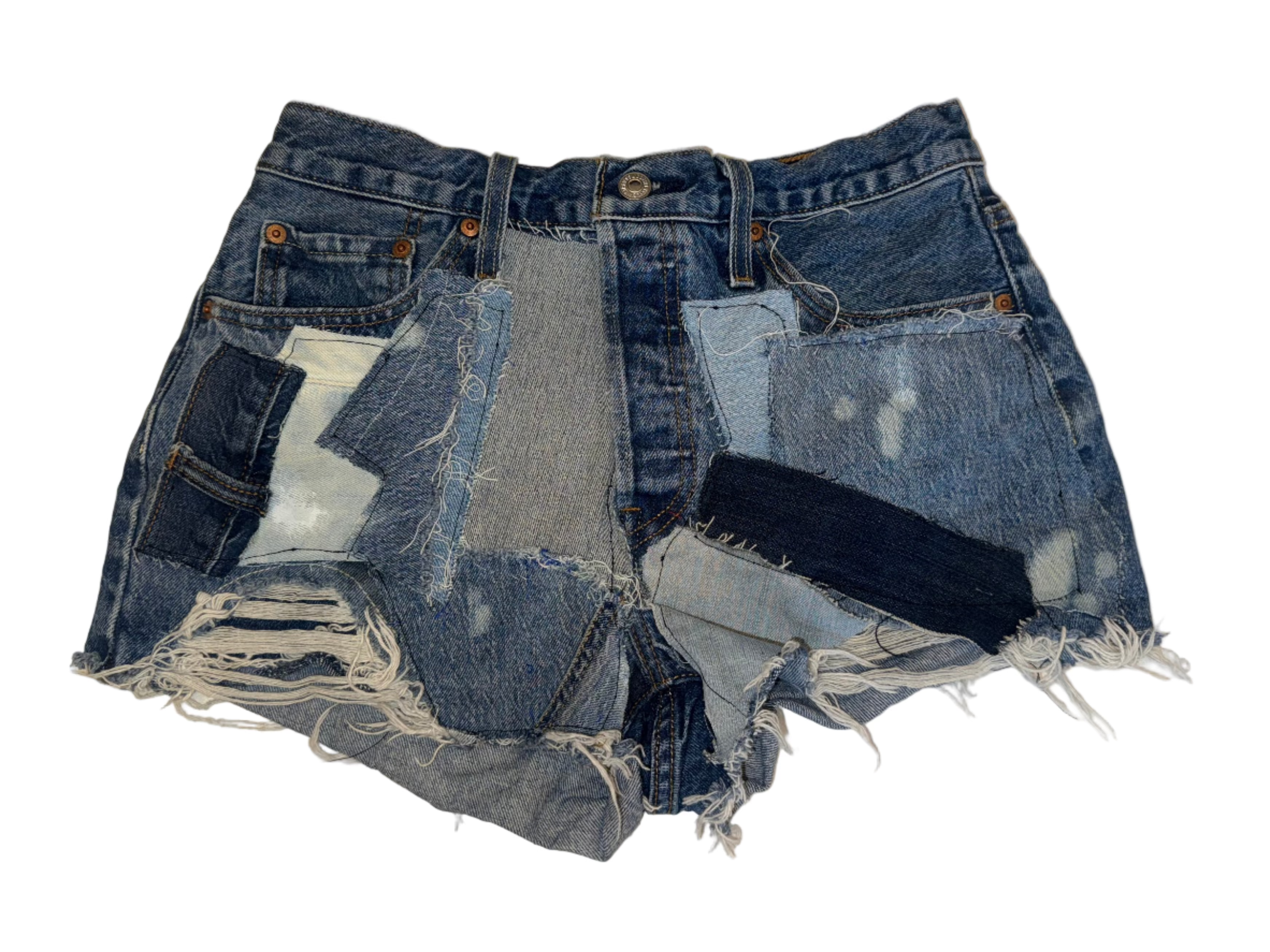 Denim shorts with patchwork design on a light background