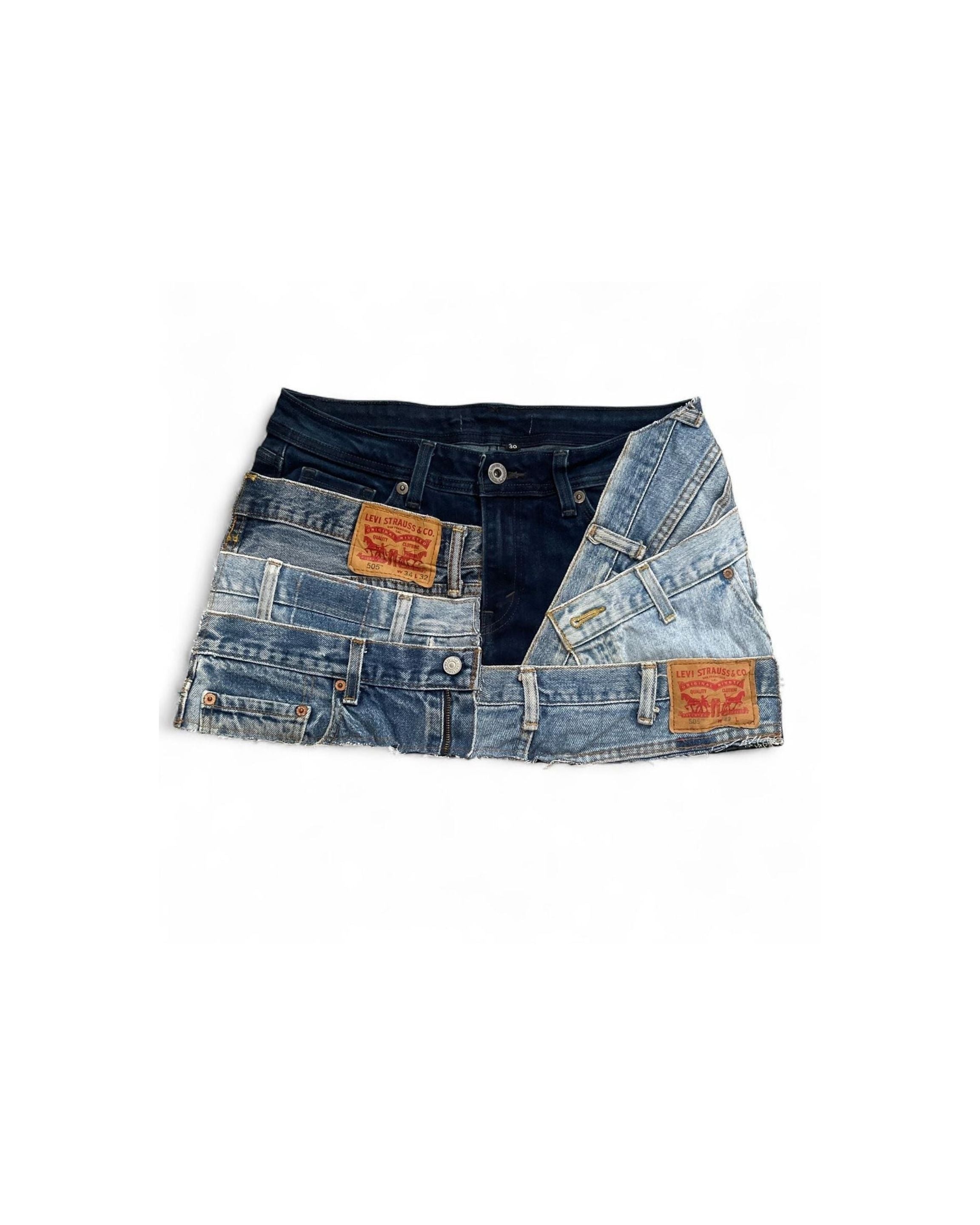 Denim patchwork skirt with Levi's branding on a white background