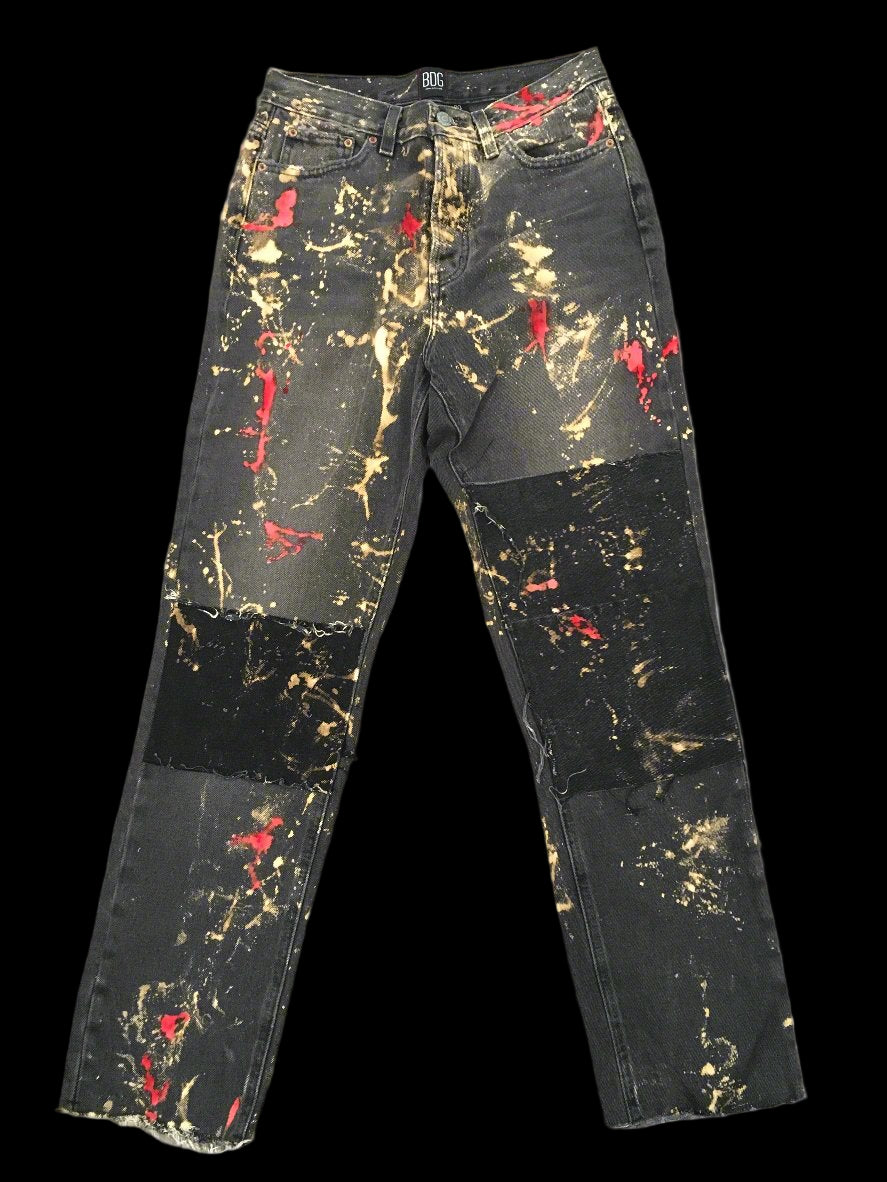 Black bleached denim jeans with red
