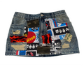 Reworked Denim Mini with colorful patches on a denim skirt