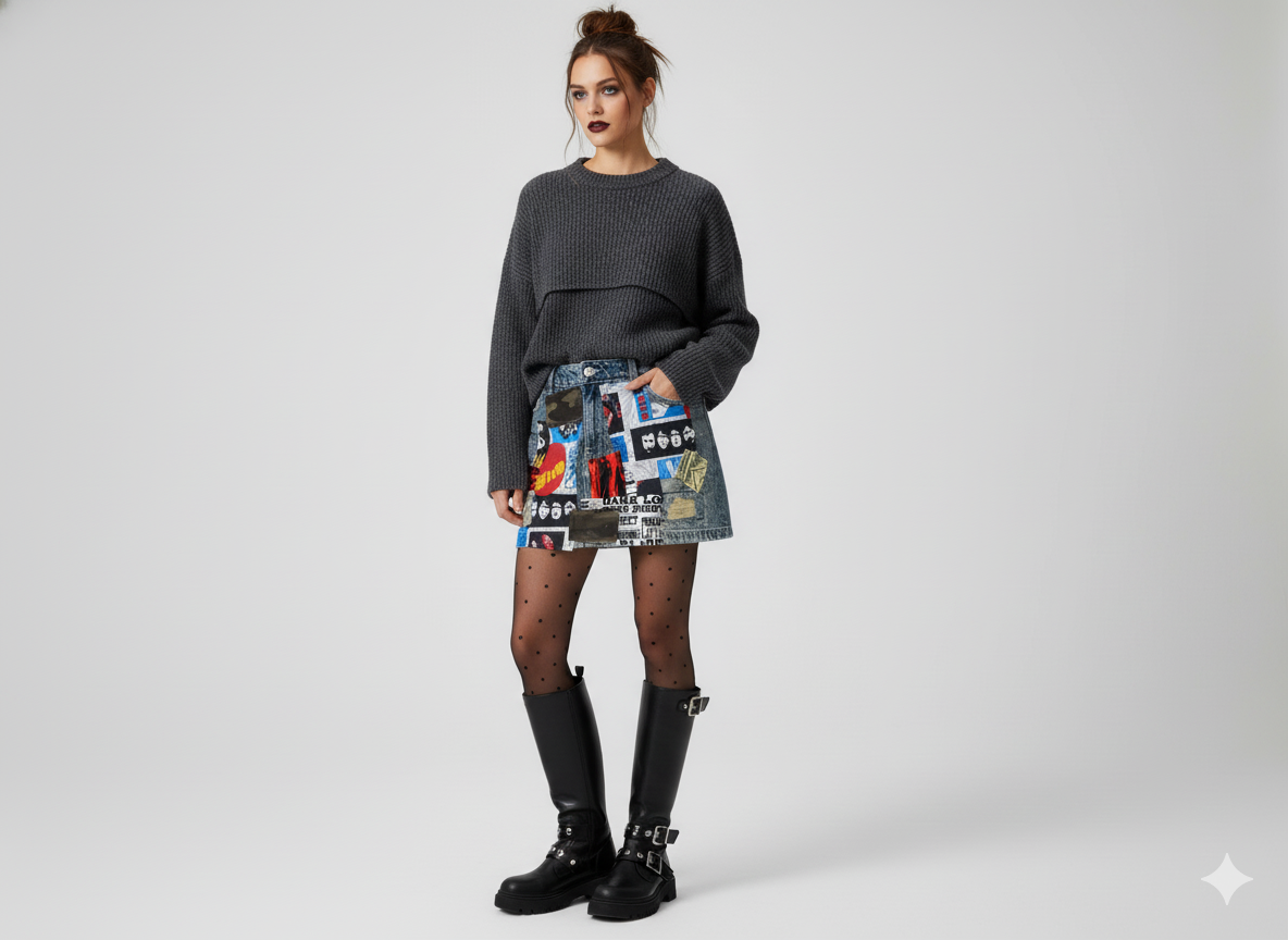 Woman wearing a dark gray sweater and colorful patchwork skirt on a white background