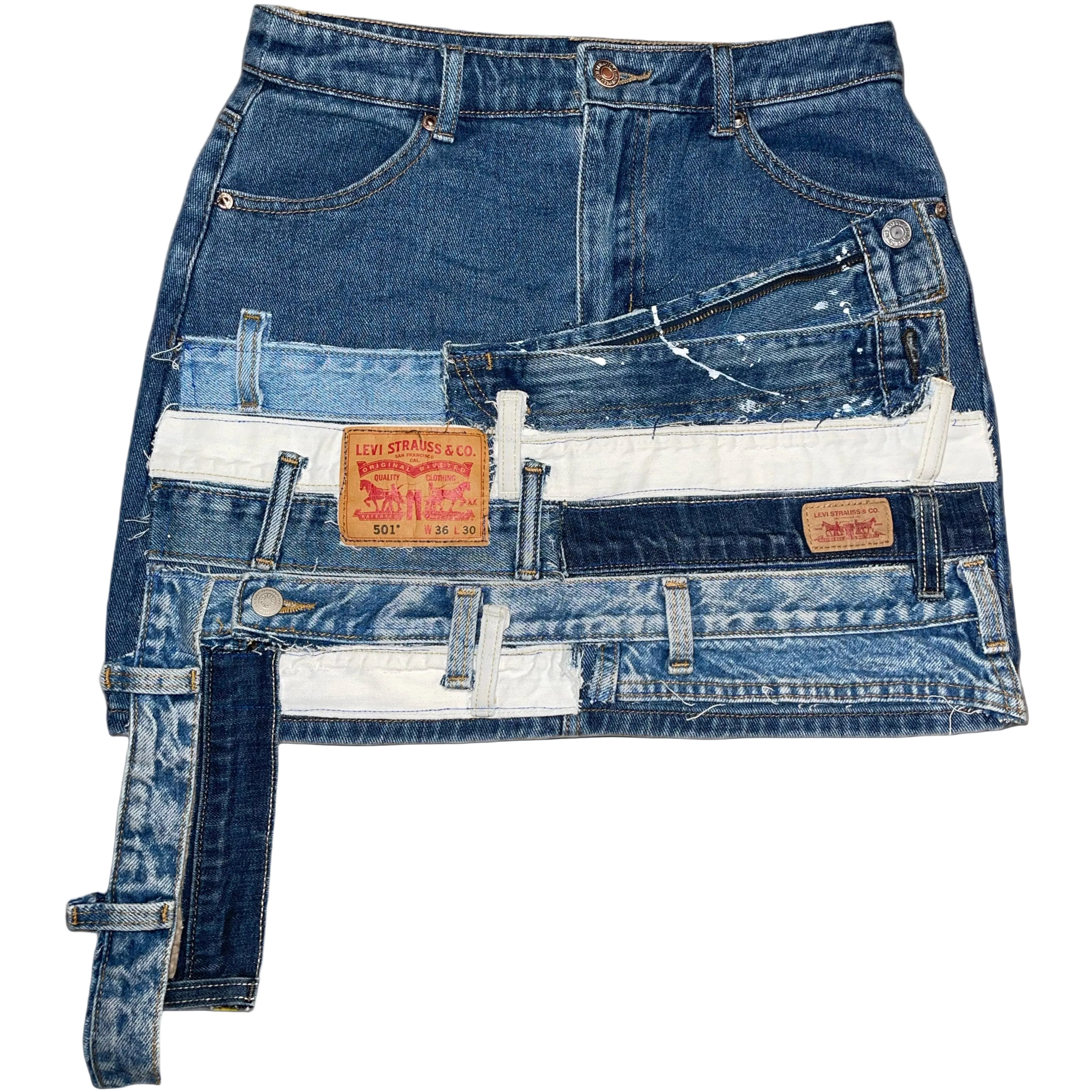 Denim skirt made from recycled jeans with Levi's branding on a white background